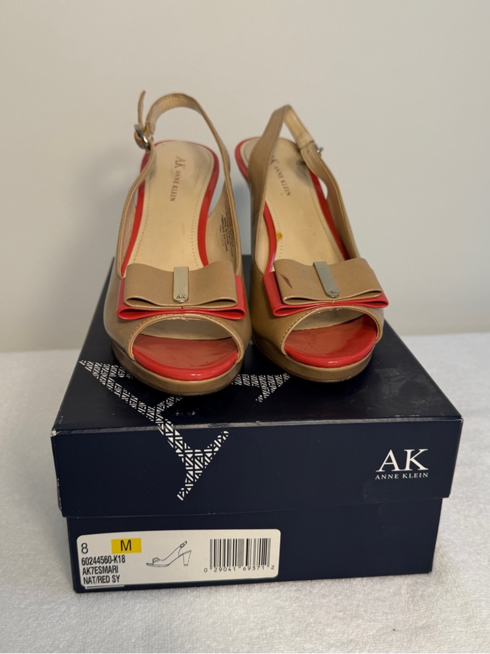 Anne Klein Tan and Orange Slingback Peep-Toe Heels with Bow Accent Size 8 - Picture 5 of 5
